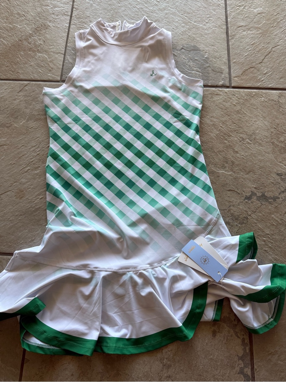 Sleeveless White and Green Gingham Golf Skirt Set